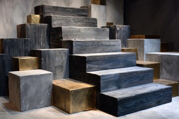 Cubes & stairs. Wood and gold tones, concrete-like textures