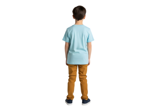 Young boy wearing a light blue t shirt and orange pants standing with his back to the camera isolated on transparent background