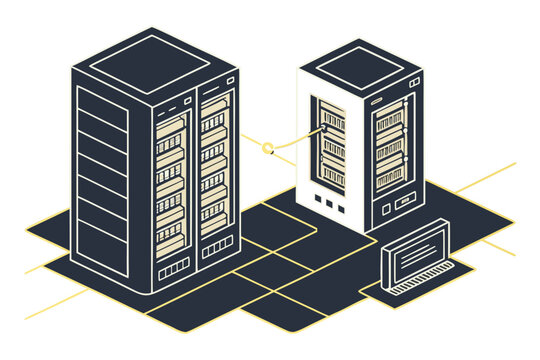 Data Center Servers Connected Network Isometric Line Art Illustration