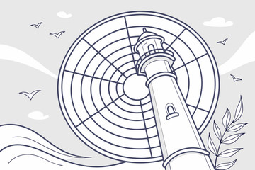 Obraz premium Lighthouse Line Art Illustration with Ocean Waves and Seagulls
