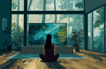 in the living room, there is an oversized smart tv hanging on the wall