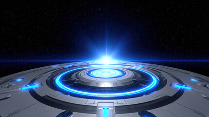 Obraz premium Futuristic Holographic Render of a Planetary Control Interface with Bright Light Emitting from the Center in a Cosmic Environment