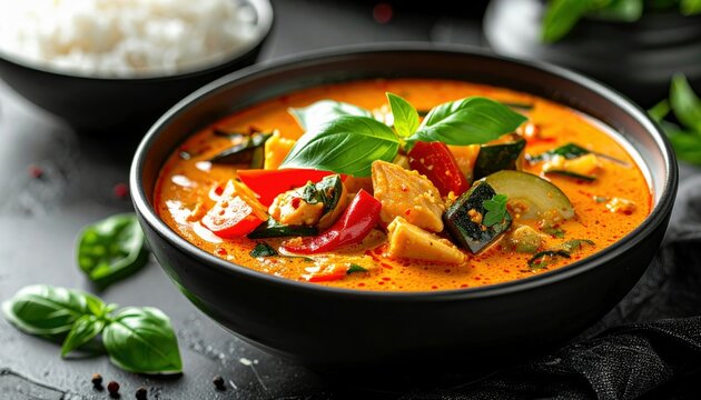 A close-up shot of a vibrant Thai red curry dish, featuring chicken, zucchini, and red peppers, topped with fresh basil leaves and served in a black bowl.