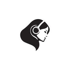 Black Vector Illustration of Woman Wearing Headphone in Clean Minimal Style on White Background