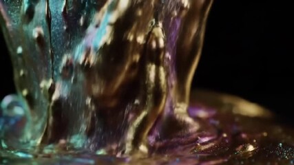 Dynamic flow of shimmering metallic liquid in vibrant iridescent hues, creating an abstract and mesmerizing visual texture against a dark backdrop - Powered by Adobe