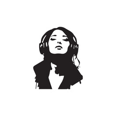 Black Vector Illustration of Woman Wearing Headphone in Clean Minimal Style on White Background