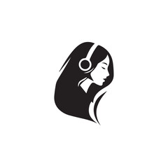 Black Vector Illustration of Woman Wearing Headphone in Clean Minimal Style on White Background