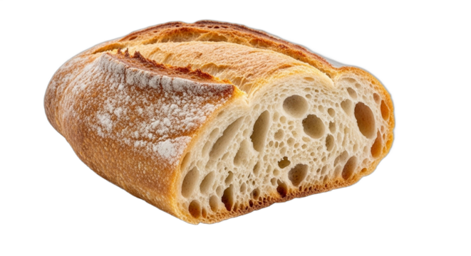 A freshly baked artisanal sourdough bread loaf cut open. PNG Transparent