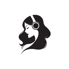 Black Vector Illustration of Woman Wearing Headphone in Clean Minimal Style on White Background