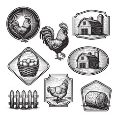 Vintage Farm and Poultry Elements Set Engraving Vector Illustration