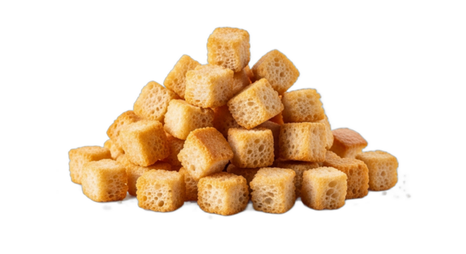 A large pile of crunchy golden brown seasoned croutons. PNG Transparent