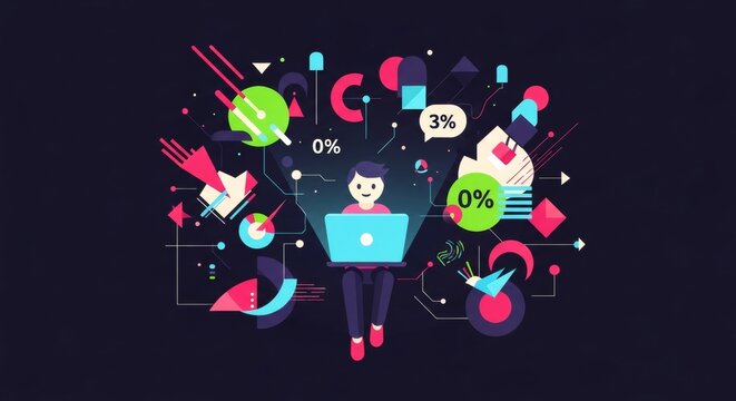 Engaging cartoon analyst presents company growth strategy using modern laptop with colorful geometric chart elements and data showing positive trends