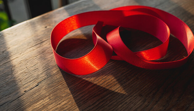 A flowing red ribbon curls on a rustic wooden surface - Powered by Adobe