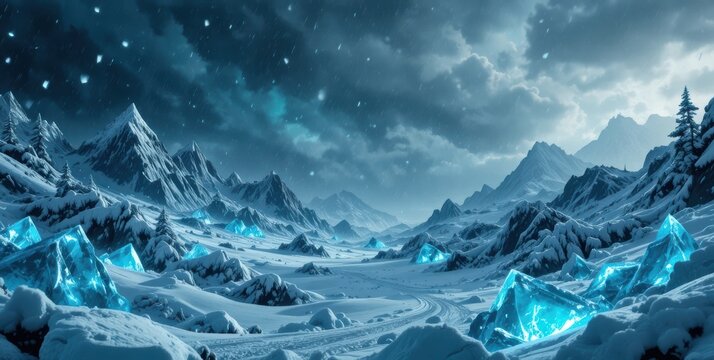 Winter landscape with glowing blue crystals emerging from snow-covered mountains under a starry sky - Powered by Adobe