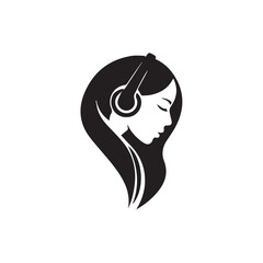 Black Vector Illustration of Woman Wearing Headphone in Clean Minimal Style on White Background