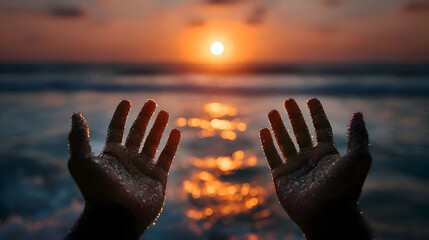 Silhouetted Hands Reaching Towards Golden Sunset Over Ocean Waves