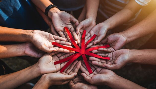 Community of hands holding a red ribbon for awareness and support