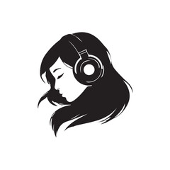 Obraz premium Black Vector Illustration of Woman Wearing Headphone in Clean Minimal Style on White Background