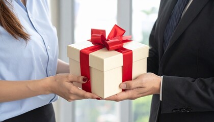 Two people exchanging a gift wrapped in brown paper and tied with red ribbon 