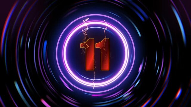 Number eleven in a neon circle with abstract light trails against a dark background design