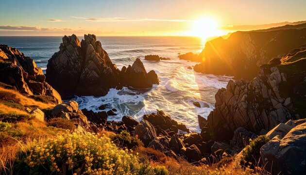 A breathtaking sunset casts a warm golden glow over a rugged coastline, with waves crashing against jagged rocks and vegetation. - Powered by Adobe