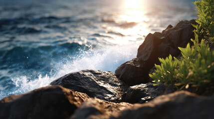 Obraz premium Crashing Waves Against Volcanic Rock Shoreline at Sunrise with Bright Reflection on Water Surface and Lush Greenery in Foreground