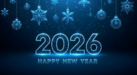 Futuristic glowing neon 2026 happy new year text with hanging snowflake ornaments on dark blue background