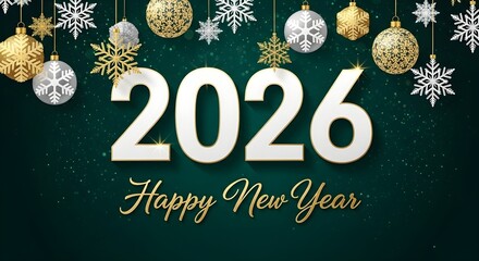 Festive 2026 happy new year greeting with sparkling snowflakes and golden ornaments on a dark green background