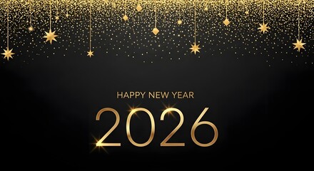 Elegant golden glitter and stars decorating a black background for happy new year 2026 celebration