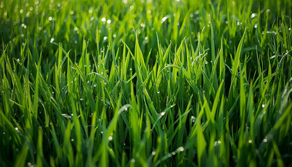 Vibrant green grass blades with sparkling morning dew drops in a natural field