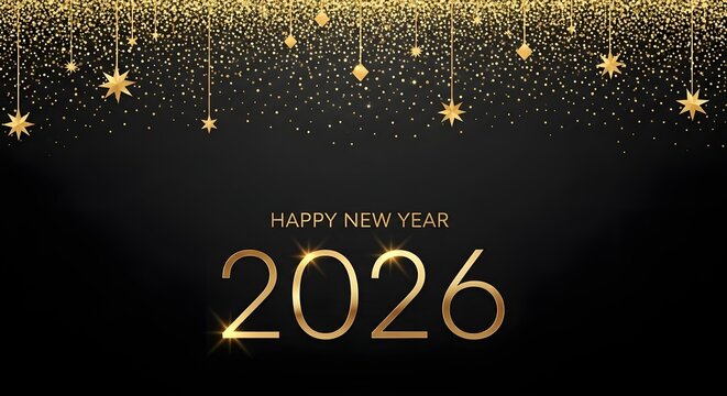 Elegant golden glitter and stars decorating a black background for happy new year 2026 celebration