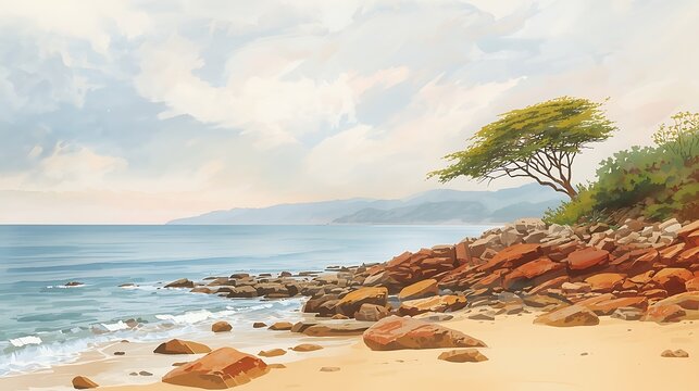 Serene tropical beach with rocky shoreline and lush greenery