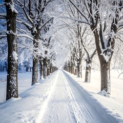 Obraz premium A snow-covered path, lined with frost-covered trees, leads into the distance on a crisp winter day with bright sunlight
