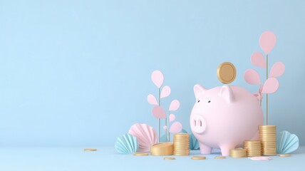 Cute Pink Piggy Bank with Coins and Pastel Decorative Elements on Blue Background