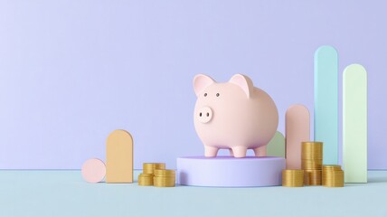 Modern Piggy Bank with Coins and Geometric Shapes on Pastel Background