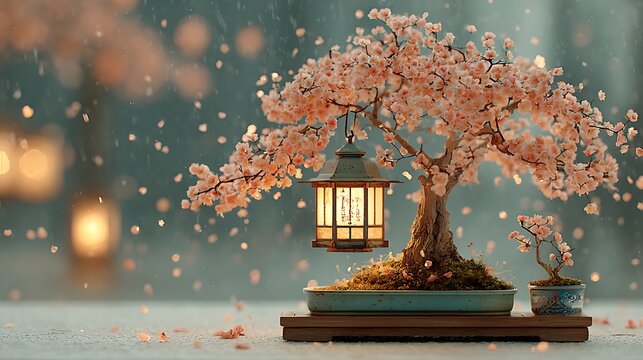 Cherry blossom bonsai tree with glowing lantern, falling petals