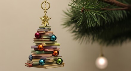 A festive book tree adorned with colorful ornaments and a golden star, creating a joyful mood.