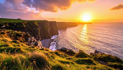 A breathtaking sunset illuminates the rugged Cliffs of Moher in Ireland, casting a golden glow on the Atlantic Ocean and highlighting the dramatic coastal lands