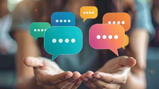 Hands holding vibrant speech bubbles representing communication, ideas, and dialogue within a community