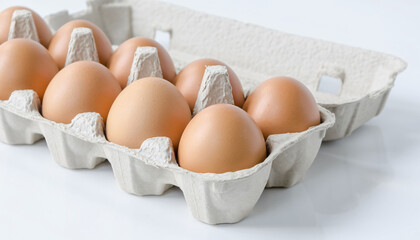 Fresh Brown Chicken Eggs in Paper Carton on White Table, Staple Food Ingredient Protein for Breakfast and Cooking