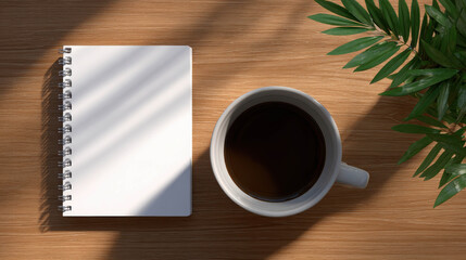 Freshly Cleaned Desk with Notebook, Coffee Cup, and Green Leaf Plant in Natural Light for Productive Workspace Inspiration