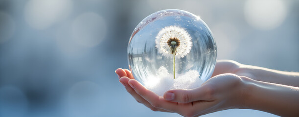 Clear glass sphere holding dandelion puff on woman's hands outdoors
