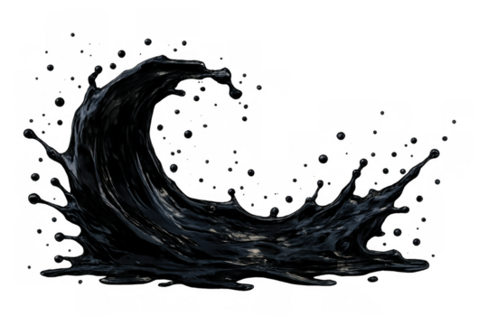 Black liquid splash creating an oil wave or ink tsunami shape, dynamic movement with scattered droplets on transparent background