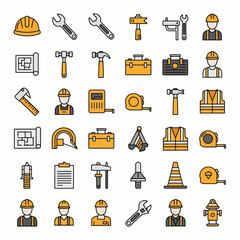 Construction Tools and Safety Gear Icons Set Hard Hat Wrench Hammer Toolbox Safety Vest and Blueprint Collection