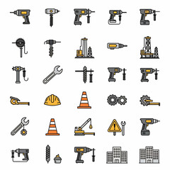 Construction tools icons set a collection of industrial equipment building machinery and hardware elements in a flat design style