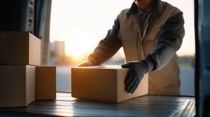 Delivery personnel in uniform reaching for parcel boxes inside vehicle during sunset with soft light illuminating the scene