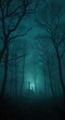 Fototapeta premium Eerie graveyard scene shrouded in mist and darkness.