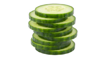 A vertical stack of fresh green cucumber slices isolated on a white background. PNG Transparent