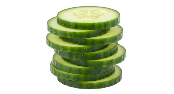 A vertical stack of fresh green cucumber slices isolated on a white background. PNG Transparent