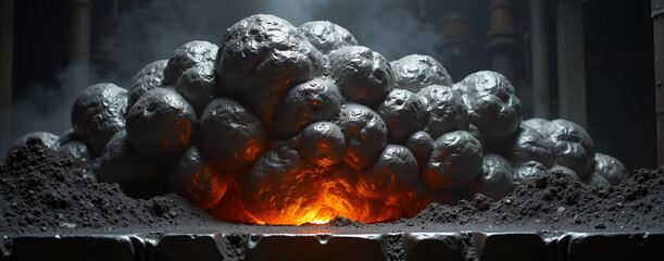 Pile of metallic spheres glowing with molten lava underneath